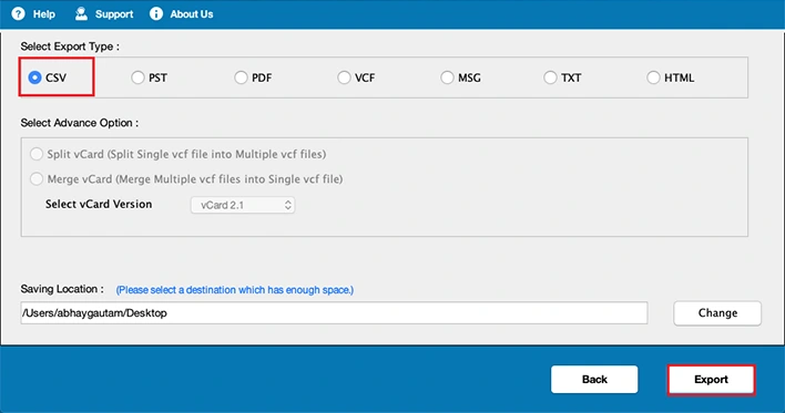 choose the save converted vCard to CSV