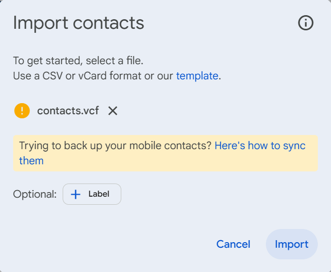 import VCF to gmail contacts