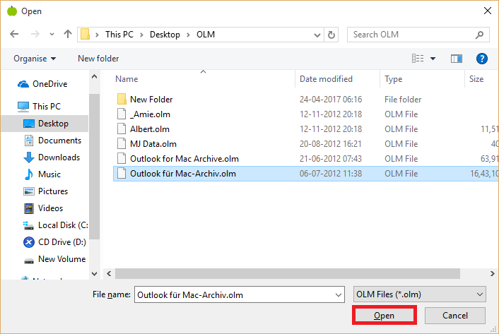 how to open outlook for mac archive.olm