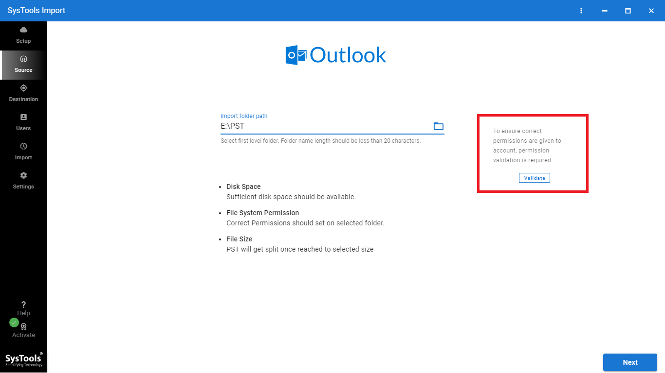 provide PST path to migrate Outlook to Office 365